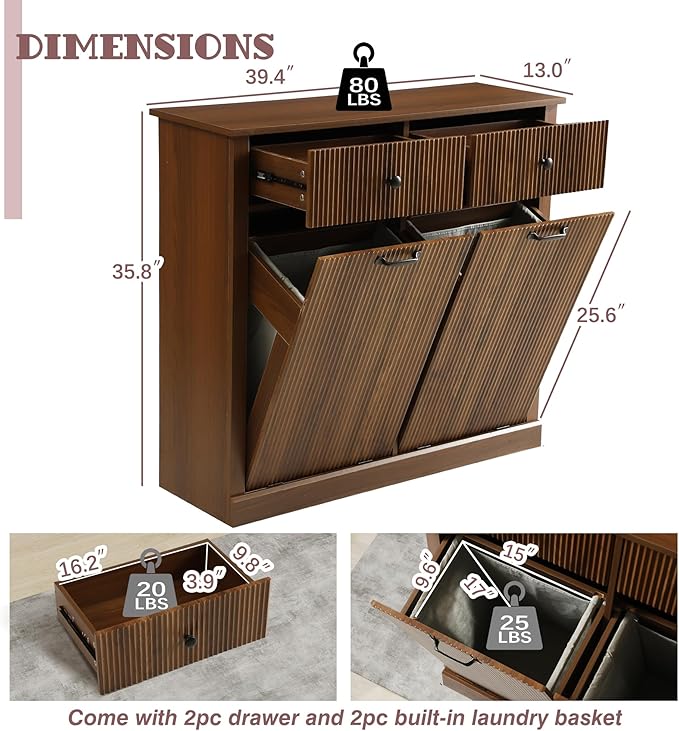 Modern Double Tilt Out Laundry Hamper Cabinet, Fluted Hidden 22 Gallon Garbage Cabinet with Laundry Storage Baskets, Wooden Trash Can Cabinets with Drawers (Brown, 13"D x 39"W x 36"H (Full))