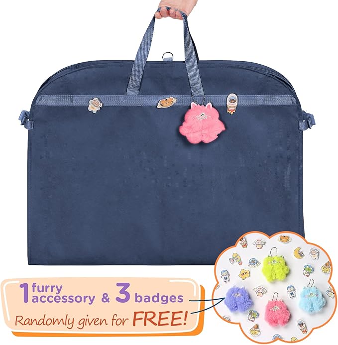Univivi Garment Bags for Dance Costumes 40 Inch Dance Costume Garment Bag for Girls, 3 Medium Clear Zipper Pockets and 2 Back Zippered Pocket, with 1 xPendant, 3 x Badge (Navy Blue)
