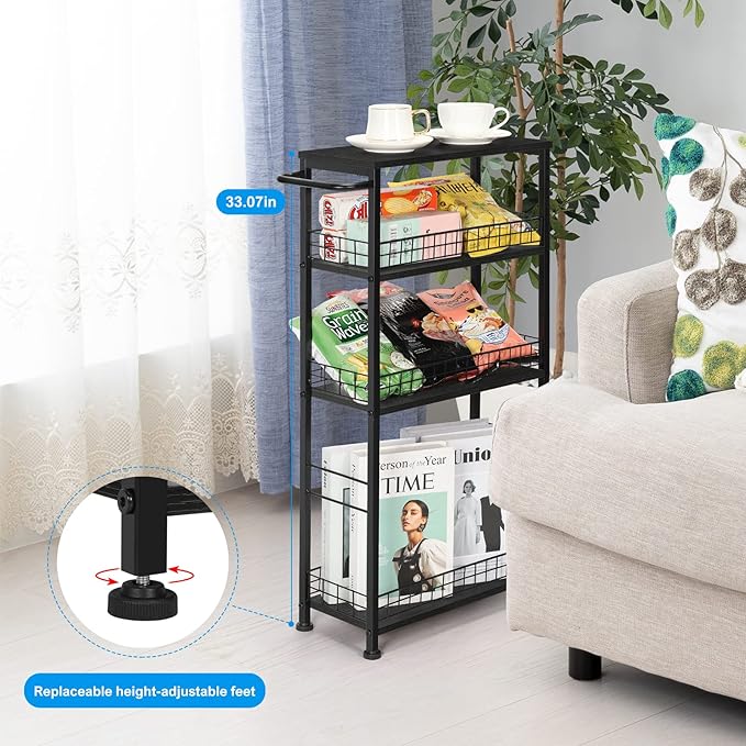 YBING Slim Storage Cart Kitchen Rolling Utility Cart on Wheels 4 Tier Mobile Narrow Cart with Wood and Metal Handle Slide Out Storage Shelving Unit Cart for Kitchen Living Room Small Places Black