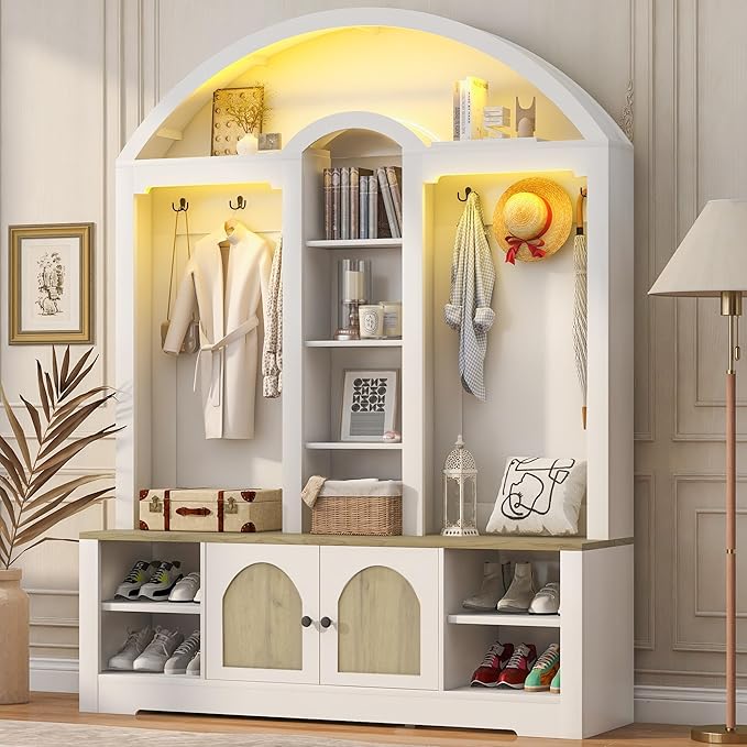 77''H Hall Tree with Curved Design, Multi-functional Coat Rack with Shoe Racks, Clothes Hangers, Hooks, Double-Layer Storage Cabinets and Open Storage Space for Hallway, Living Room (White+Walnut)
