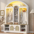 77''H Hall Tree with Curved Design, Multi-functional Coat Rack with Shoe Racks, Clothes Hangers, Hooks, Double-Layer Storage Cabinets and Open Storage Space for Hallway, Living Room (White+Walnut)