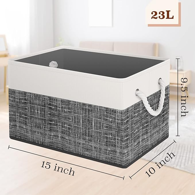 Storage Bin,Collapsible Storage Basket For Organizing,Large Storage Boxes With Rope Handles,Storage Containers,White & Black,2 Pack
