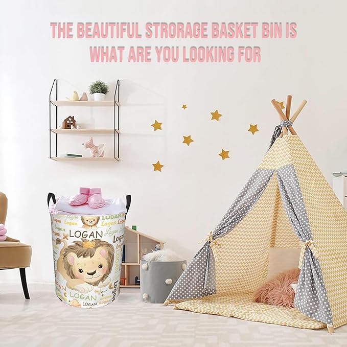 Lion Laundry Basket,Personalized Laundry Hamper for Boys Girls,Custom Laundry Basket With Name, Customized Dirty Clothes Hamper for Bathroom Bedrooms,S-16.5"X 13.8"
