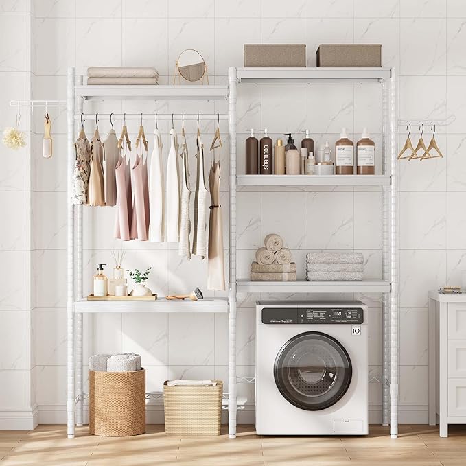 GAOMON Over The Washer and Dryer Storage Shelf, 5-Tier Adjustable Laundry Organizer with Double Layer Wood Shelves for Laundry Room Organization, White, 28 Inch