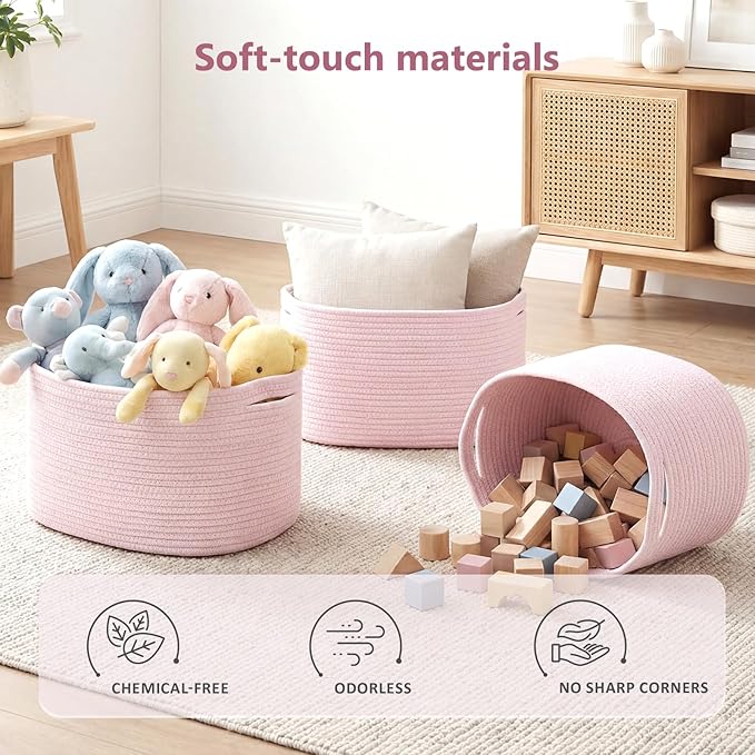 Cotton Rope Storage Basket, 15x10x9 Inches, Woven Basket for Shelves, Clothes, Towels, Books, and Laundry, Light Pink (1 Pack)