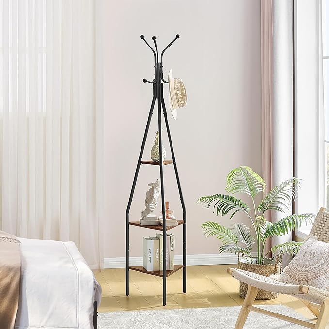 Hoctieon 3-Tier Coat Rack Freestanding with Hooks, Industrial Coat Tree Freestanding, Mordern Coat Racks Free Standing with Shelf, Coat Rack with Storage for Clothes, Hats, Bags