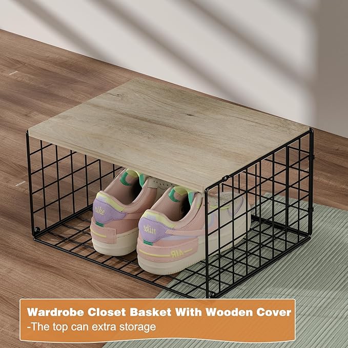 Extra-Long, Low-Profile Closet Organizers and Storage with Wood Top, 3 Pack Stackable Closet Shelf Organizer, Space-Saving Clothes Storage Bin for Wardrobe & Bedroom & Small Spaces, Sturdy Metal Black