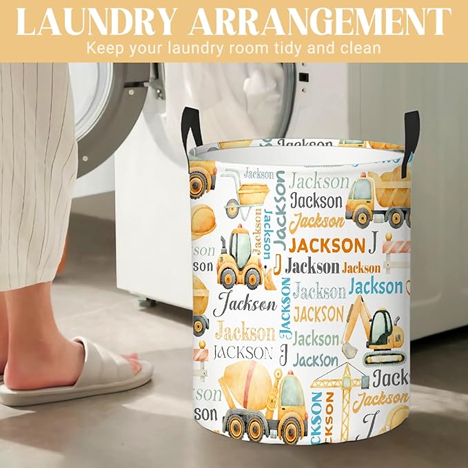 Personalized Construction Truck Laundry Basket, Custom Laundry Hamper With Name Gifts For Kids Baby Adults, Collapsible Dirty Clothes Storage Organizer With Handles S 16.5 X 13.8in