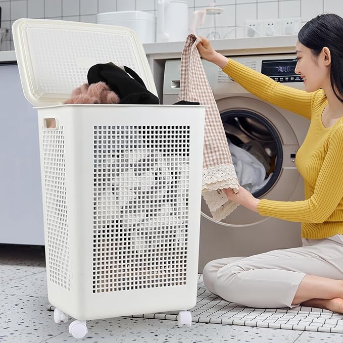 4-Pack 65 L Plastic Slim Laundry Hamper with Lid, Wheels and Pull Handles, Large Tall Laundry Basket, White