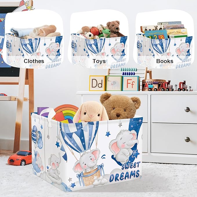 Sleeping Animals Baby Laundry Hamper Collapsible Clothes Kids Storage Basket Large Boys Girls Gift Toy Box Bin for Nursery, Elephant, 36L