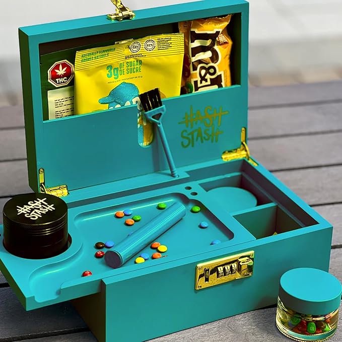 The OG Stash Storage Box - Large Bamboo Box with Combination Lock, Magnetic Lid, Organizer Tray, 3 Jars, Brush and Tube - Decorative Wooden Locked Storage Box with Accessories (Teal/Gold)