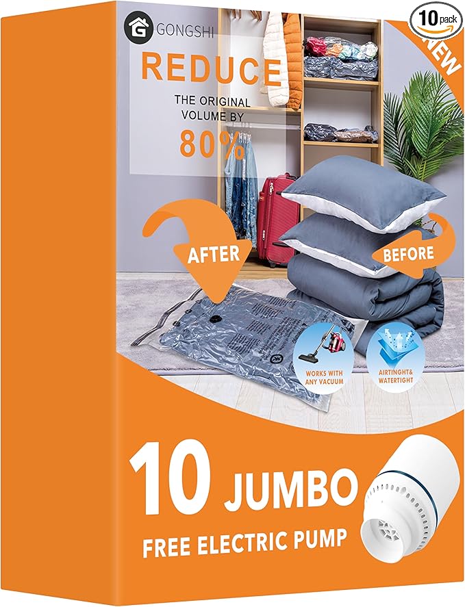 10 Jumbo Vacuum Storage Bags with Electric Pump, Space Saver Bag for Clothes, Mattress, Blanket, Duvets, Pillows, Comforters, Travel