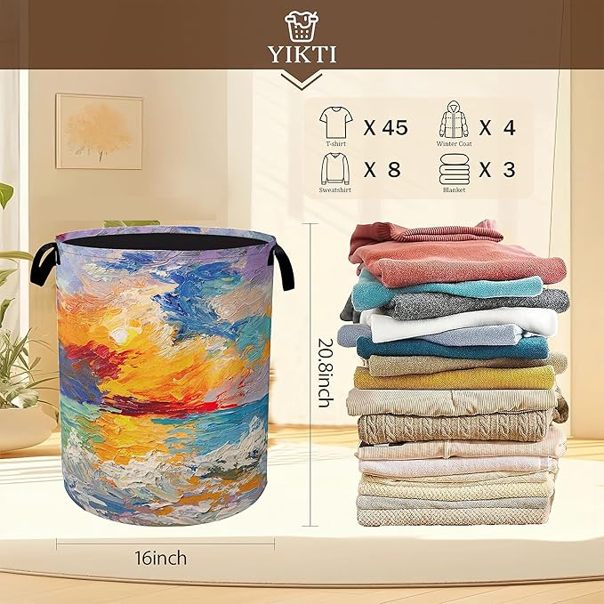 Sea Sunset Laundry Hamper,Abstract Oil Painting Clothes Hamper for Laundry,Waterproof Oxford Toy Storage Collapsible Hampers for Bedroom, Dorm Room,Bathroom,16x20 Inch