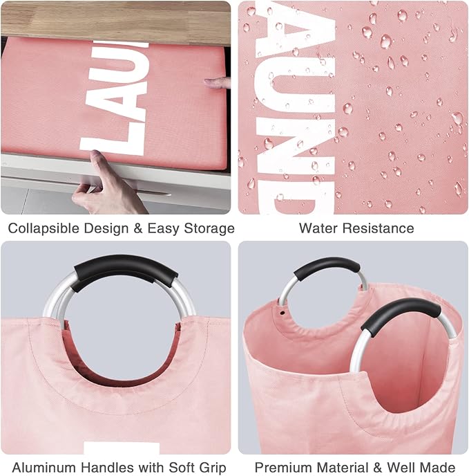 Laundry Hamper Bags 2 Pack, Large Laundry Baskets Collapsible, Dirty Clothes Hampers with Handles, Freedstanding Laundry Bin for Bedroom, College Dorm Room, Sturdy, Easy Carry (Pink)