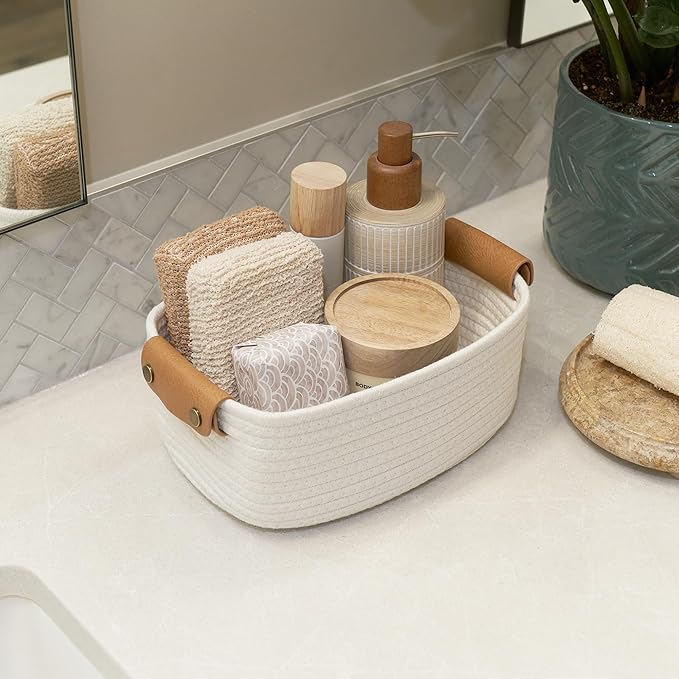 Beautiful Storage Basket Set of 3 - Sturdy Cotton Rope Baskets for Shelves Are Perfect for Organizing Your Home - Quality Storage Bins Easily Fit With Any Nursery or Bedroom Decor