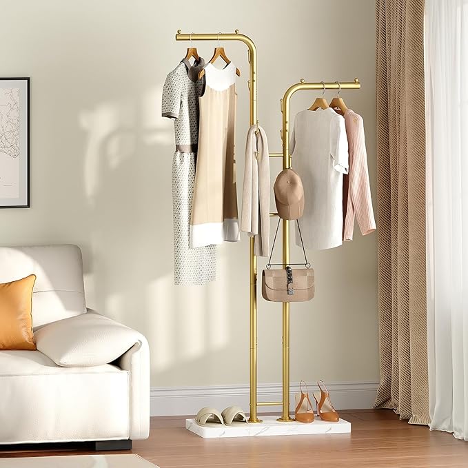 Gold Coat Hanger Stand, Floor Standing Coat Rack, Entryway Coat Tree with 8 Hooks and Marble-Look Base, Modern Double-Pole Metal Clothes Rack for Entrance, Living Room, Bedroom, YM02DWY1