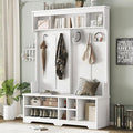 60 inch Hall Tree with Bench and Shoe Storage, Shelf, Wood Hall Tree with 6 Hooks/Mudroom Bench with Storage and Hooks, Hall Trees for Entryway, Hallway, Living Room