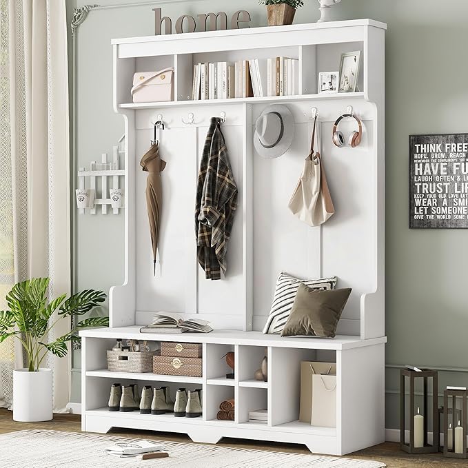 60 inch Hall Tree with Bench and Shoe Storage, Shelf, Wood Hall Tree with 6 Hooks/Mudroom Bench with Storage and Hooks, Hall Trees for Entryway, Hallway, Living Room