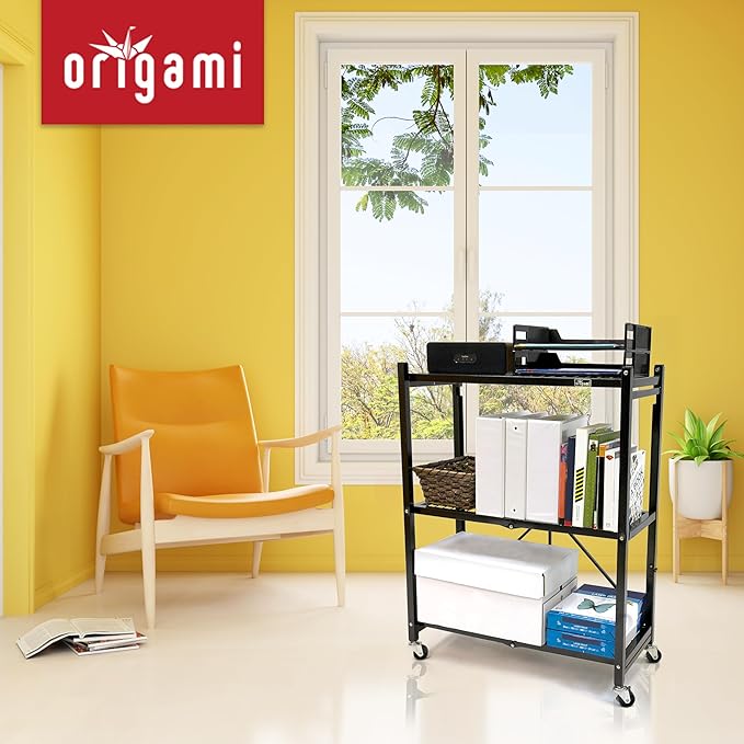 Origami 3-Pack General Purpose Foldable 3-Tier Shelf Storage Rack & Wheels, R3, Black