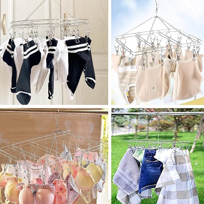 Stainless Steel Sock Drying Rack with 20 Clips, Stainless Steel Space-Saving Dryer Rack Washline with Peg for Sock,Towels,Bras,Underwear Etc Small Laundry Items (Stainless Steel-Round)