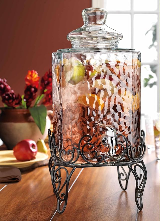 MosJos 2.5 Gallon Classic Hammered Glass Beverage Dispenser with Elegant Stand - Glass Drink Dispenser with 100% Leak Proof Spigot, Party Drink Dispensers for Lemonade, Punch, Water, Juice
