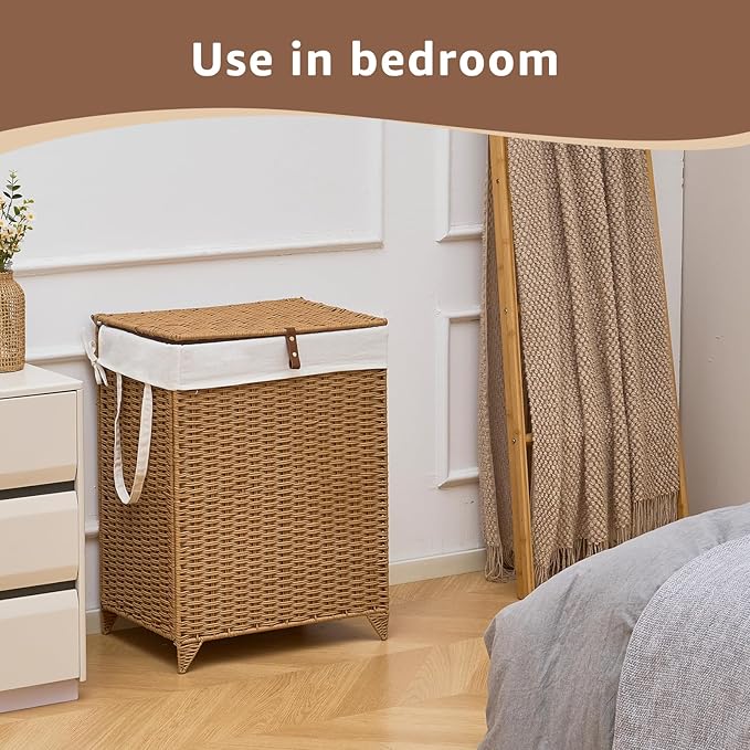 Handwoven Laundry Hamper with Lid, Natural Hyacinth Heightened Feet Laundry Basket, Wicker Clothes Hamper with Removable Liner Bag (Wicker, 90L)