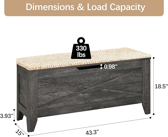 VECELO 43.3" Storage Bench, Shoe Bench with Handwoven Wicker Cushion, Ottoman Storage Trunk with Safety Hinges, Ideal for Entryway, Bedroom, Living Room, Gray