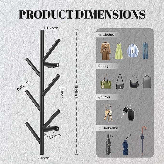 2 Pack Vertical Coat Rack Wall Mount,Metal Vertical Hat Rack for Wall(16 inches),Suitable for Hanging Clothes, Hats, Bags and Scarves(Black)