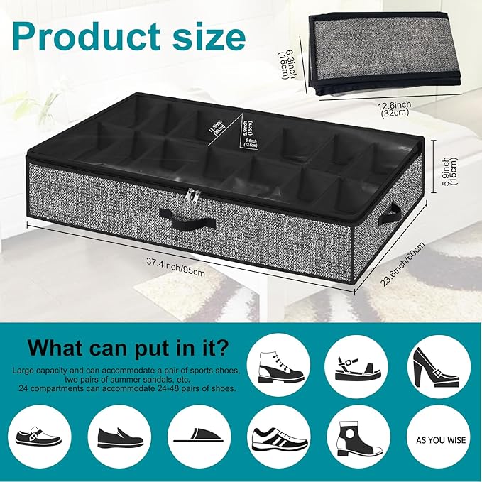 Under Bed Shoe Storage Organizer for Closet 2 Pack- Fits 32 Pairs Underbed Shoes Container Boxes Black