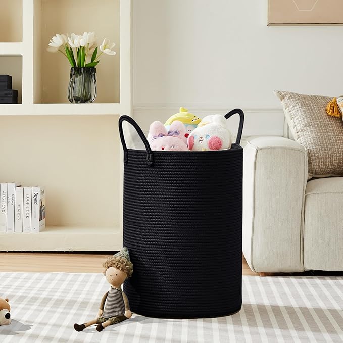 80L Black Woven Rope Hamper Laundry Basket for Clothes Tall Modern Blanket Storage Basket in Living Room Bedroom Extra Large
