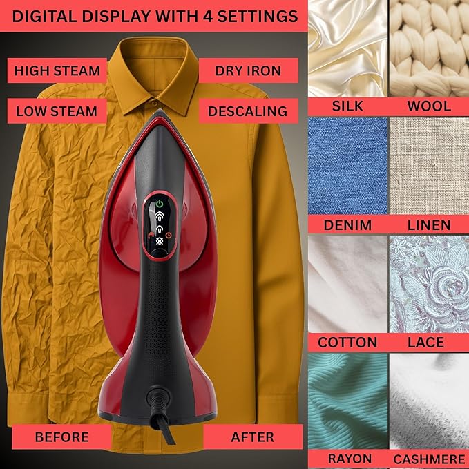 True & Tidy 2-in-1 Iron and Handheld Steamer, 1600W Dual Heating System with Ceramic-Coated Plate, LCD Display, No-Drip Technology, 3 Fabric Modes, Portable Garment Steamer for Home & Travel