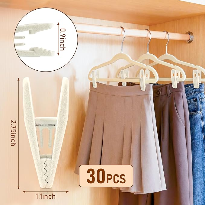 Velvet Hanger Clips 30 Pack – Non Slip Finger Flocked Clips for Thin Velvet Hangers, Strong Clothes Pins for Pants, Skirts, Trousers, Dresses(Beige)