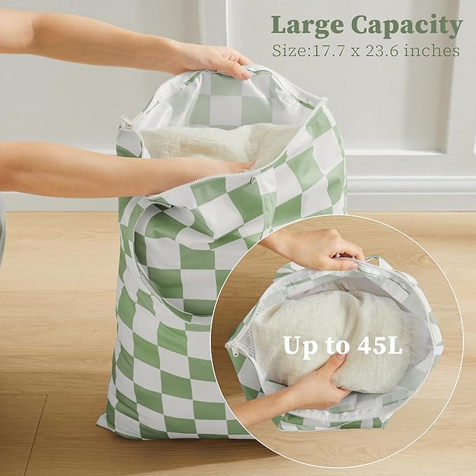 Checkered 2 Pcs Large Travel Laundry Bags for Dirty Clothes, Aesthetic Trendy Waterproof Washable Laundry Bag with Handle for Travel, Gym, Swimming Pool Sage Green