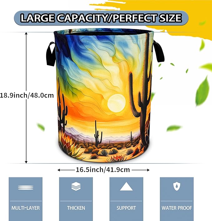 Desert Cactus Laundry Basket Sunset Foldable Oxford Cloth Funny Tote Bag Laundry Hamper Clothes Storage Bucket Toy Organizer For Bathroom/Laundry Storage/Bedroom 18.9x16.5 Inch