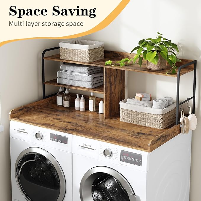 Washer and Dryer Countertop with Shelves, 54" x 27.56" 3 Tiers Large Laundry Topper with 2.95" Edge Rails, Laundry Room Storage and Organization with 2 Hooks and Non-Slip Pads