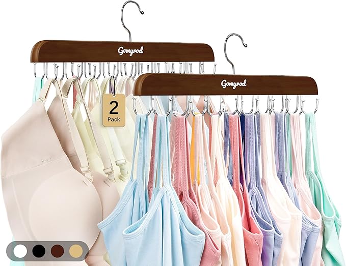 Bra Hanger for Closet, 2 Pack Tank Top Hangers w/20 Hooks Holds 40 Bras, Capacity Foldable Wood Space Saving Hanger, 360°Rotating Closet Organizers and Storage for Dorm & Apartment（Brown）