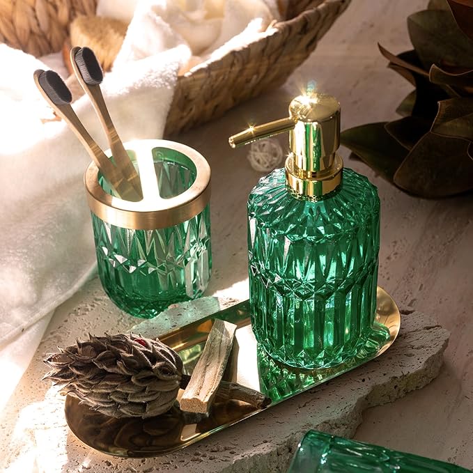 EMPO Clear Glass Soap Dispenser with ABS Plastic Pump, Crystal Lotion Dispensers for Kitchen Sink, Bathroom (Vintage Jade)