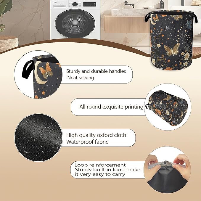 Rustic Wildflower Butterfly Laundry Hamper,Gothic Garden Moon Collapsible Laundry Baskets,Waterproof Oxford Cloth Laundry Room Organization for Bedroom,Bathroom,Nursery,16x20 Inch