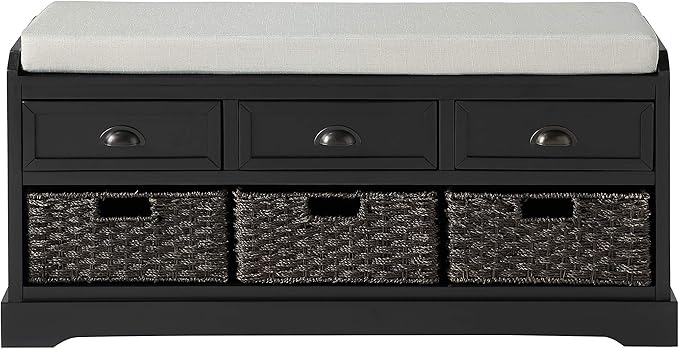 Merax Classic Wood Entryway Bench with 3 Drawers, 3 Rattan Basket Shoe Cabinet for Hallway Front Door Black