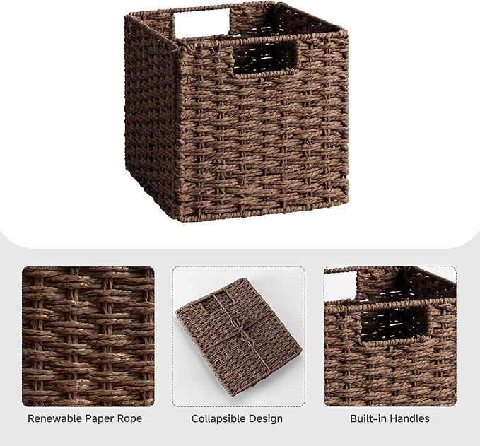 StorageWorks 9 inch Wicker Storage Cubes, Handwoven Wicker Baskets for Storage, Square Cube Organizer Bins, Foldable Paper Rope Basket for Organizing, Brown, 2 Pack