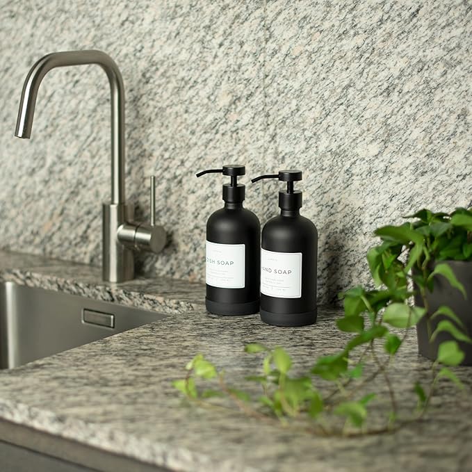 Hand and Dish Soap Dispenser for Kitchen and Bathroom, Set of 2 16 Oz Glass Bottles, Stainless Steel Pumps, Non-Slip Silicone Base, 27 Waterproof Labels (Matte Black Bottle/Black Pump)