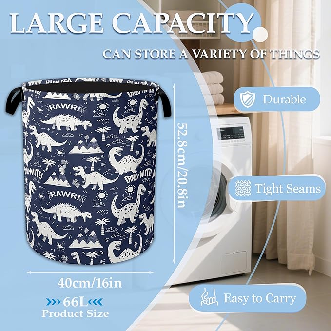 Vintage Cartoon Dino Large Storage Basket Collapsible Laundry Basket Oxford Storage Bin for Toy Bins Gift Baskets Bedroom Clothes Children Nursery Hamper 16" X 20.8"