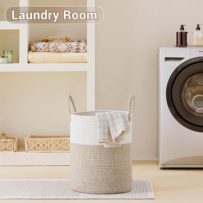 Tall Laundry Basket with Handles, 53L Portable Dirty Clothes Hamper, Boho Cotton Rope Storage Bin for Blankets Kids Toys Gifts, Decorative Organizer for Baby Nursery Bedroom Bathroom, Brown