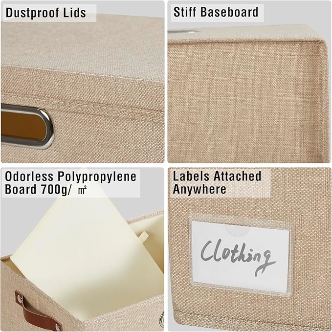 15" Large Collapsible Storage Bins with Lids, Stackable Closet Organizers with PU Handle and Labels, 3-Pack Decorative Fabric Storage Boxes for Home, Bedroom, Closet, Office, Nursery(Khaki)