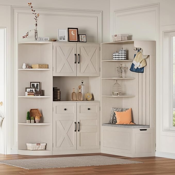 66" H Hall Tree with 4 Hooks, Open Shelving and Flip Hidden Shelf, Multifunctional Left-Right Combination Coat Rack (can be Used Separately), Entryway Bench for Living Room, Hallway (Beige/35)