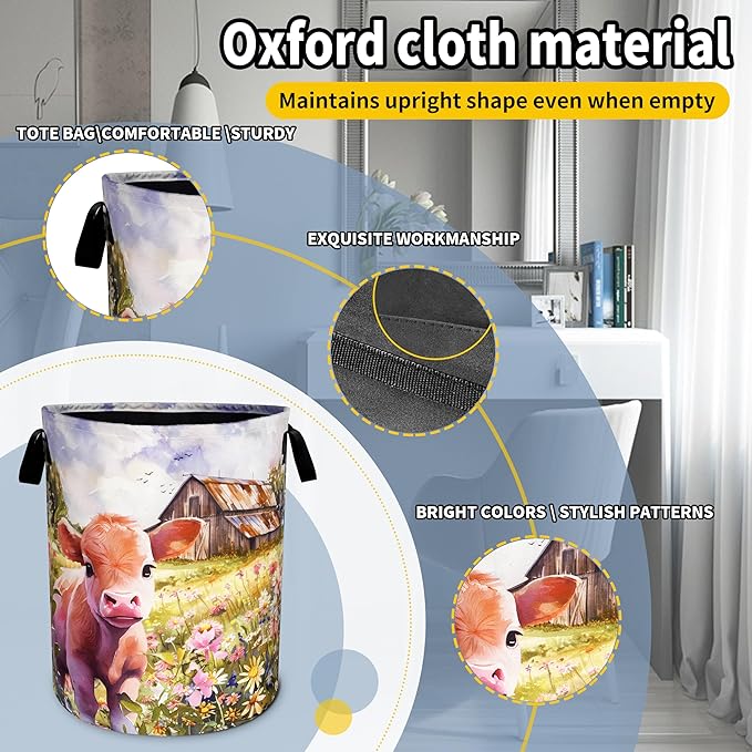 Cute Highland Cow Laundry Basket Farm Flowers Foldable Oxford Cloth Funny Tote Bag Laundry Hamper Clothes Storage Bucket Toy Organizer For Bathroom/Laundry Storage/Bedroom 18.9x16.5 Inch