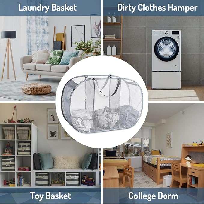 Seiritex Mesh Popup Laundry Hamper 3 Compartment Sortable Horizontal Collapsible Laundry Basket for Clothes Laundry Room Bedroom Toys Travel (Gray)