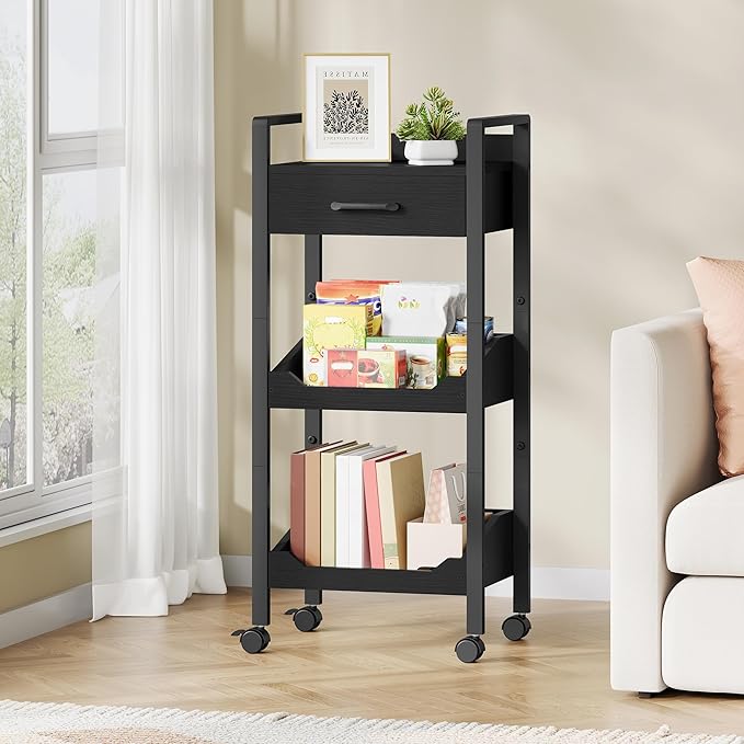 Hoctieon 3-Tier Rolling Storage Cart with Drawer, Rolling Utility Cart Organizer, Mobile Shelving Unit with Wheels, Metal Frame, Kitchen Utility Cart for Small Space, Office, Bathroom, Black
