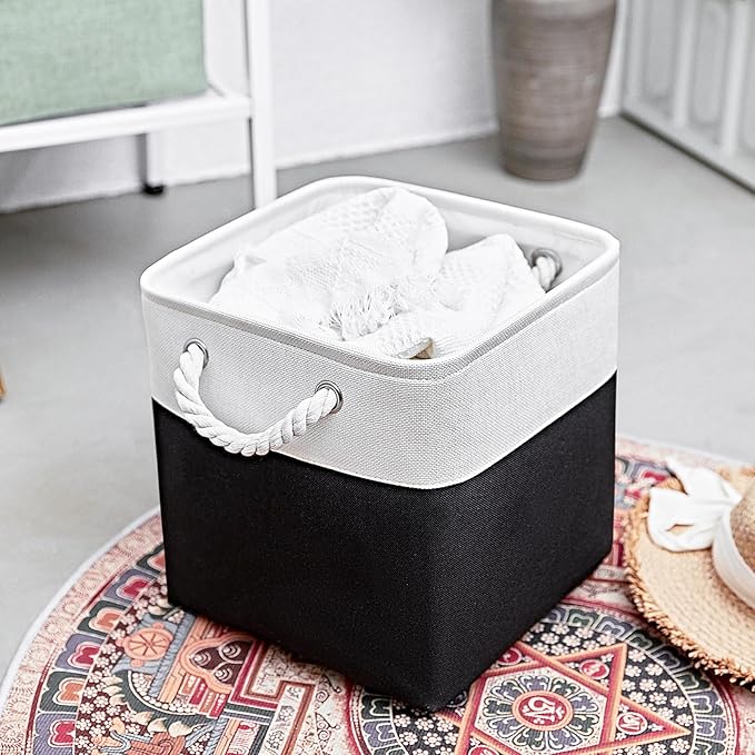 Cube Storage Bins, Collapsible Fabric Storage Cubes Bins, 11 Inch Cube Storage Bins with Handles, Foldable Storage Cubes (White/Black, 6Pack)
