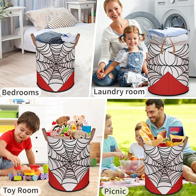 Large Laundry Hamper Basket White Spider Web Round Collapsible Storage Organizer Bin for Kids Room, Boys, Nursery, Closet, Bedroom, Playroom, Toys, Dirty Clothes, 16"W x 20"H